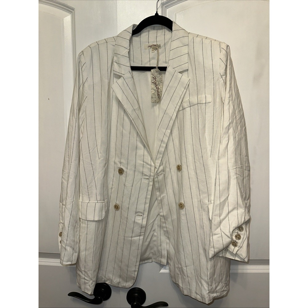 Pinstripe White W Black Stripes Open Front W Button Detail Jacket NWT